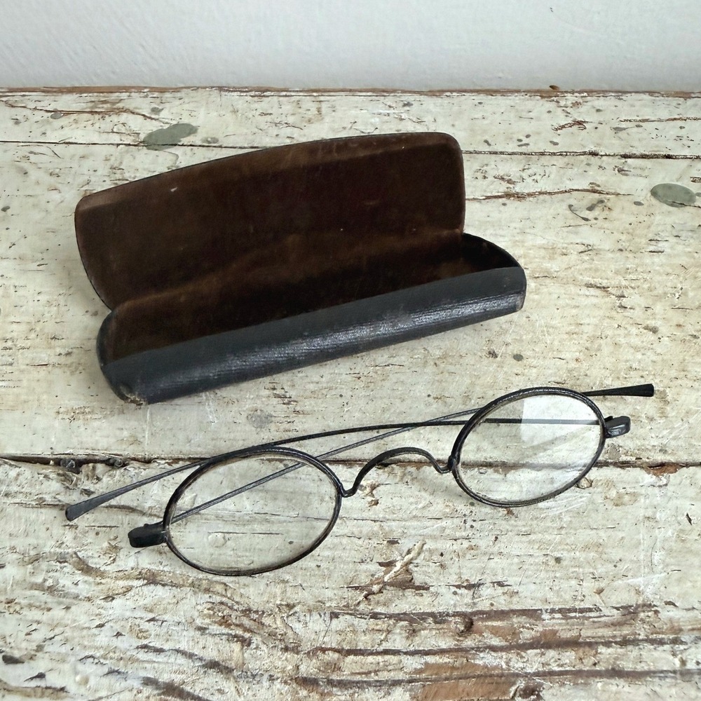 Antique Wire Rim Spectacles Oval Glasses Black Metal Frame Vintage Case 1900s